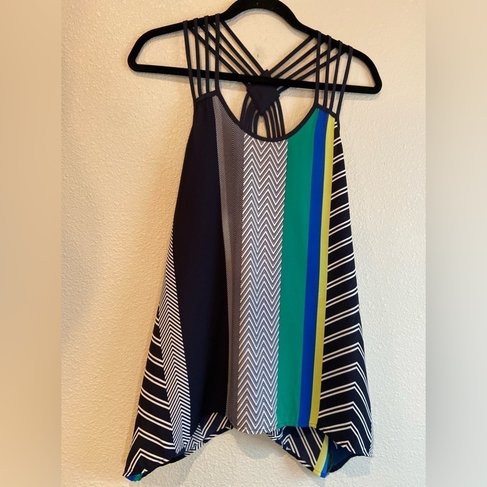 Maurices~Colorful Stripy Top w/Criss Cross Strap Detail~Shark Bite Hem~Size S